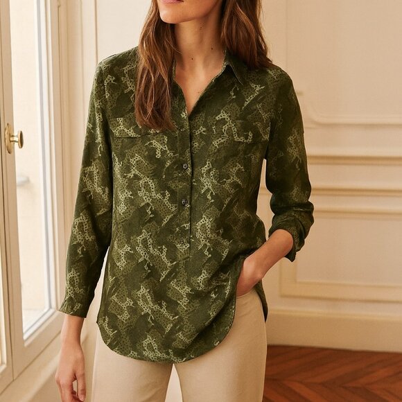 Tommy Hilfiger Green Camo Print Pop Over  Military Blouse Large - Picture 1 of 7